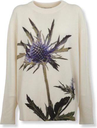 Blumarine Wollen bedrukte trui met borduursel - Dames - Ronde hals truien - Wit - S - Wol - Truien & Vesten