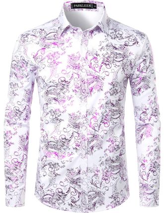 PARKLEES Mens Luxury Paisley Gold Shiny Printed Stylish Slim Fit Button Down Dress Shirt PZLCL18 White Purple XXL