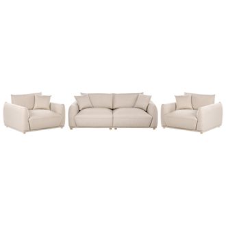 Beliani Conjunto De Sala De Estar Moderno 5 Plazas De Tela Con Cojines Decorativos Sof&aacute; Y Sillones Con Patas De Madera Beige Jubek