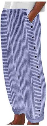 Generic Summer Pants for Women 2025 Striped Print Side Button Straight Wide Leg Palazzo Pants Casual Lounge Trousers Pockets Dark Blue,XXXL