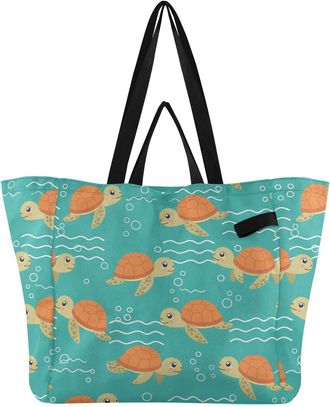 Generic Turtle Bubble Wave Teal pattern Reusable Canvas Tote Bag, Heavy Duty Grocery Shopping Bag with Double Handles Large Capacity Hard Bottom Work Grocerie