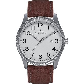 Elevon Watches Crosswind Canvas-Overlaid Leather-Band Watch w/ Date in Silver/brown at Nordstrom