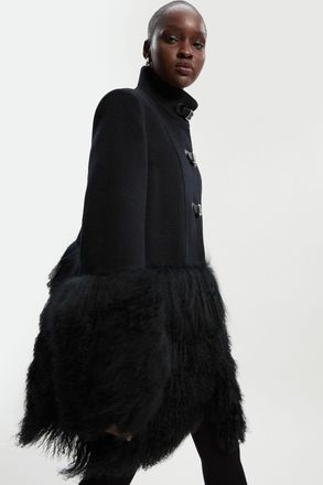 Karen Millen Womens Brushed Wool And Shearling Buckle Detail Short Tailored Coat - Black - Size 14 UK