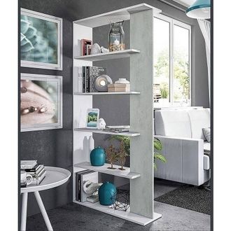Dmora Libreria Columbia, Mobile portalibri bifacciale a 5 ripiani, Scaffale divisorio da ufficio o cameretta, 90x25h180 cm, Bianco e Cemento