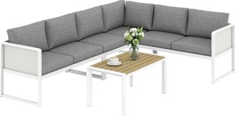OUTSUNNY Conjunto De Muebles Jard&iacute;n Exterior De 4 Piezas Con 3 Sof&aacute;s De 2 Plazas Asiento De Textilene Mesa Con Tablero Efecto Madera Wpc Cojines Gris