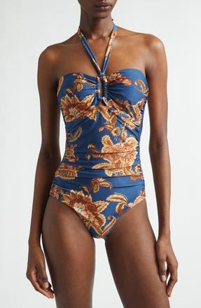 Zimmermann Aster Wide Link One-Piece Halter Swimsuit in Navy Jacobean at Nordstrom, Size 1
