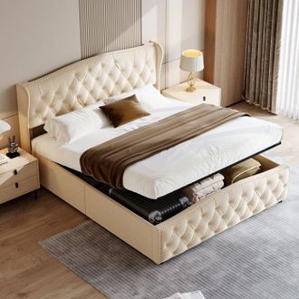 OEM Cama Cofre - Timpfee - 140x200 Cm - Terciopelo Beige - Dise&ntilde;o Acolchado - Almacenamiento Hidr&aacute;ulico