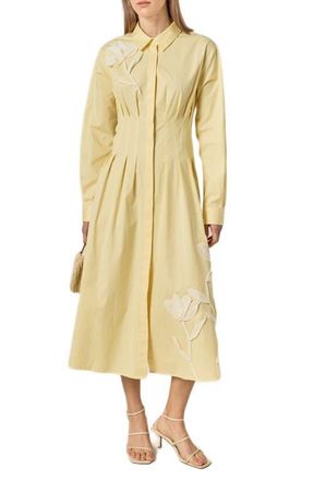 English Factory Floral Appliqu&eacute; Pintuck Long Sleeve Cotton Shirtdress in Butter Yellow at Nordstrom, Size Medium