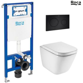 Roca Roca - Bastidor Duplo Con Cisterna Empotrada Y Pulsador Pl10 Negro Mate Con Inodoro Suspendido The Gap Con Sistema Rimless