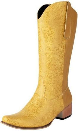Generic Womens Pull on Western Cowboy Boots Pointed Toe PU Leather Knee High Boots Block Heel Long Boots with Embossed Floral,Yellow,7.5 UK
