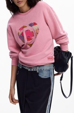 Desigual Heart Embroidered Cotton Graphic Sweatshirt in Pink at Nordstrom, Size Small