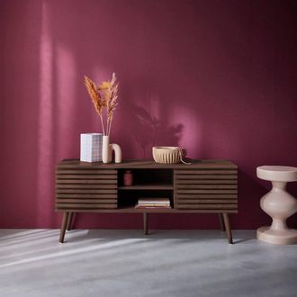 Sweeek 120 Cm Scandinavian Tv Unit Grooved Wooden Effect 2 Doors in Walnut