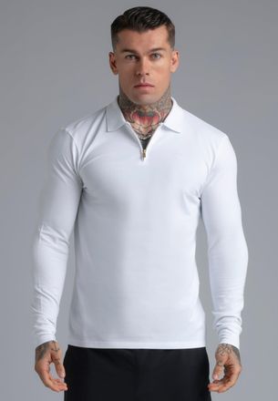 Siksilk Polo con Cremallera de Manga Larga Blanco para Hombres T-Shirt XXL