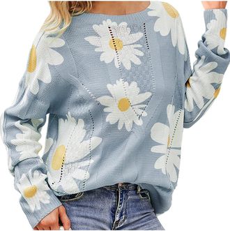 Generic Daisy Jumpers for Women UK Casual Long Sleeve Tops Women Crewneck Hollow Out Knitted Sweaters Fall Winter Comfort Pullover Lightweight Versatile Knitw