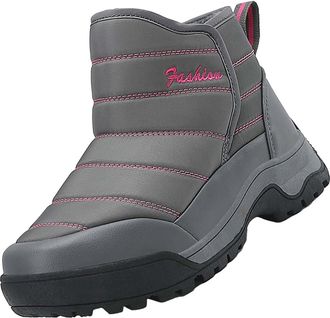 Generic Ladies Winter Boots Fur Lined Prints Flat Round Toe Lazy Suede Shoes Boots Rubber Boots (Grey, 4.5)