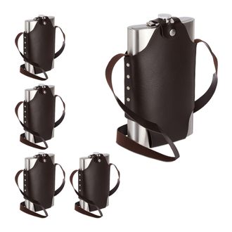 Relaxdays 5 Petacas Xxl Con Funda, Cantimploras, Acero Inoxidable Y Cuero Sint&eacute;tico, 1,8 L, Plateado Y Marr&oacute;n