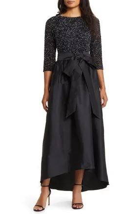 Pisarro Nights Beaded Bodice Taffeta A-Line Gown in Black/gunmetal at Nordstrom Rack, Size 10