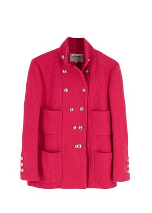 Chanel Hot Pink Tweed Double Breasted Longline Jacket Size XS