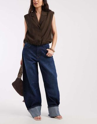 Asos Jeans a cilindro con risvolto lavaggio blu vintage