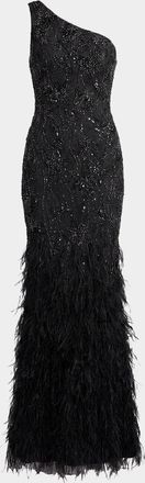 Mac Duggal Embellished Lace One-Shoulder Feather Gown
