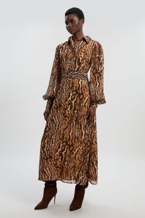 Karen Millen Womens Animal Print Georgette Belted Woven Shirt Dress - Size 14 UK