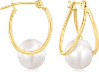 Ross-Simons 8-9mm Cultured Pearl Double-Hoop Earrings in 14kt Yellow Gold