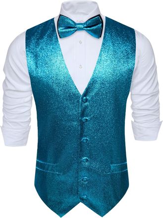 Barry.Wang Mens Sequin Shiny Blue Green Waistcoat Bowtie Set Sparkly Casual Suit Vest Festival Disco Party Prom