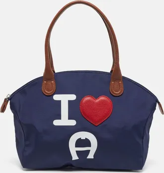 Aigner I Love A Blue/brown Nylon Zip Satchel