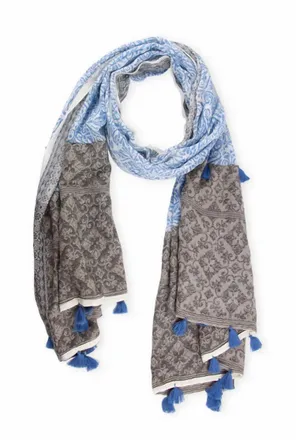Saachi Tassel Trim Cotton Scarf In Blue