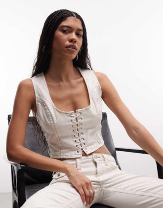 True Religion Top in denim stringato bianco in coordinato