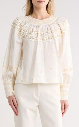Ulla Johnson Tana Shell Embellished Long Sleeve Cotton Top in Cowrie at Nordstrom Rack, Size 10