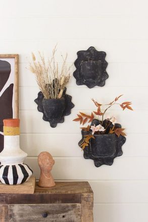 Kalalou Set Of Three Black Wavy Clay Wall Planters
