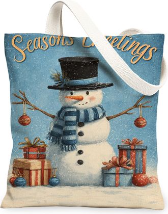 Generic Winter Snow Man Canvas Tote Bags, Festive Print Reusable Grocery Bags, Christmas Vintage Lightweight Washable Canvas for Travel Outdoor 13x15 Inch