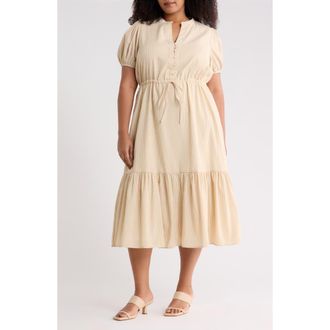 Sugarlips Zephyr Ticking Stripe Tie Waist Dress in Tan-White at Nordstrom, Size 1X