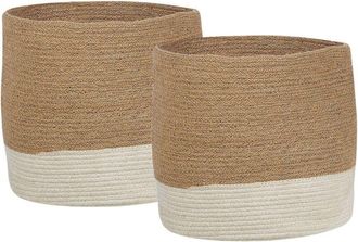 Beliani Conjunto De 2 Cestas De Yute Beige Natural Blanco Trenzado Accesorio Bulanik