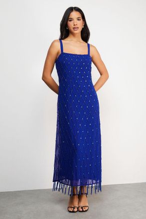 Warehouse Womens Hand Embellished Strappy Sequin Fringe Hem Midi Dress - Blue - Size 6 UK