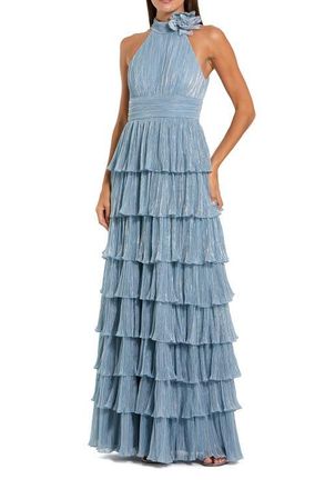 Mac Duggal Pleated Metallic Tiered Gown with 3D Flower in Powder Blue at Nordstrom, Size 14