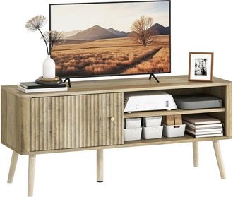 HOMCOM mueble de tv, mueble para televisi&oacute;n hasta 55 pulgadas, con puerta, estante ajustable, compartimentos abiertos y orificio para cables, roble