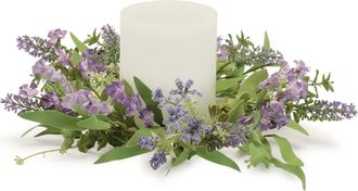 Melrose International Mixed Lavender Floral and Foliage Candle Ring (Set of 2) - Purple, Green