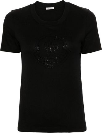 Moncler rhinestone-logo T-shirt - women - Organic Cotton - M - Black