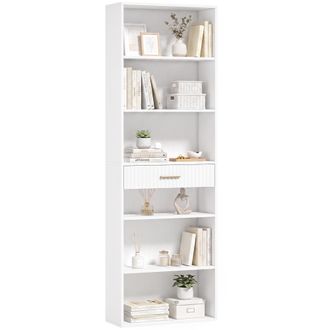 HOMCOM Homcom Estanter&iacute;a Para Libros Alta Y Estrecha, Librer&iacute;a De 7 Niveles Con Caj&oacute;n, 6 Compartimentos Abiertos, Armario Para Sal&oacute;n, 60x24x182 Cm, Blanco