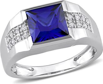 Amour 3 1/4 CT TGW Created Blue and White Sapphire Mens Ring In 10K White Gold
