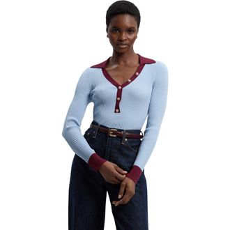 Karen Millen Rib Knit Contrast Hem Collared Top in Light Blue at Nordstrom, Size X-Small