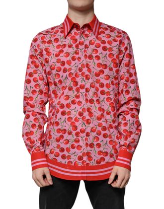 Dolce & Gabbana Mens Pink Cherry Cotton Formal Martini Dress Shirt