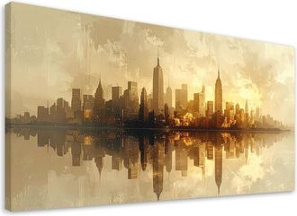 Feeby Cuadro Sobre Lienzo, Ciudad Moderna Del Futuro En Tonos Beige Y Dorado, 120x60