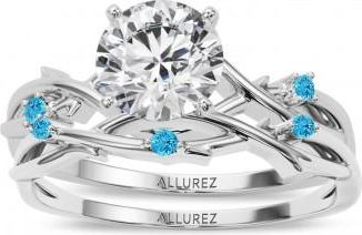 Allurez Round Blue Topaz Vine Leaf Engagement Ring Bridal Set in Palladium (0.05ct)