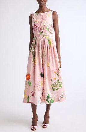 Oscar De La Renta Mixed Botanical Cotton Stretch Poplin Midi Dress in Blush Multi at Nordstrom, Size 10