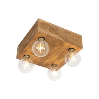 QAZQA Qazqa R&uacute;stico Plaf&oacute;n R&uacute;stico Vintage De Madera 4 Luces - Bloc Cuadrada Adecuado Para Led Max. 4 X 10 Watt
