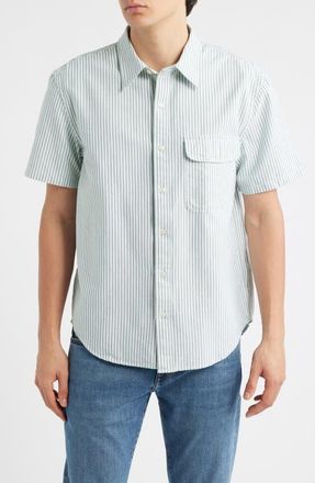 Madewell Allday Oxford Single Pocket Short Sleeve Button-Up Shirt in Green Stripe at Nordstrom, Size Xx-Large