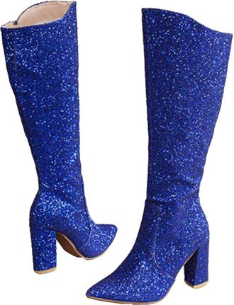 Generic Sparkly Chunky Heel Boots for Spring and - Sexy Round High Boots with Big Heel Women Over the Knee High, blue, 2/2.5 UK